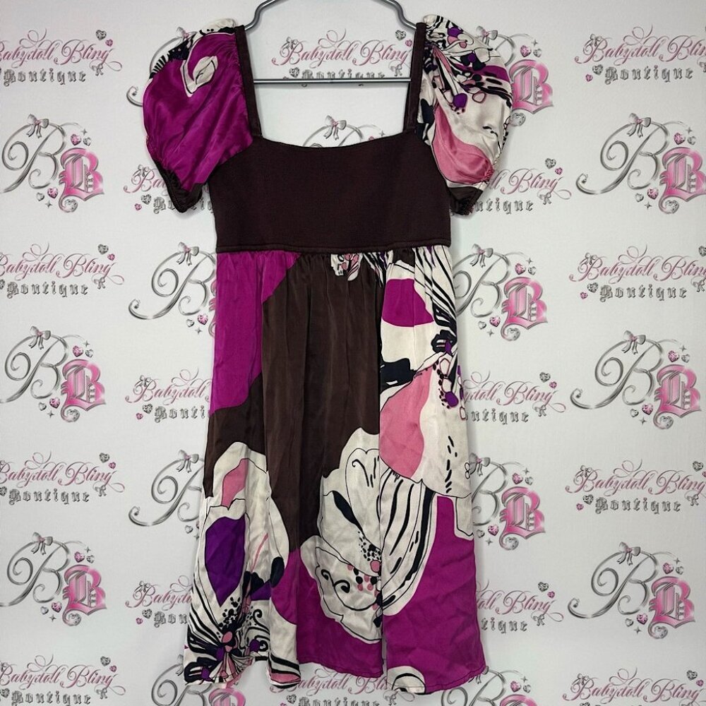 Bebe dress silk floral brown puff shoulders adorable y2k rare 2000s babydoll